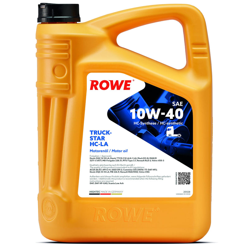 ROWE Motor Oil - Hightec Truckstar SAE 10W-40 HC-LA - Enterprise Africa International - Hightec Truckstar SAE 10W-40 HC-LA is a HC synthesis-based, high-quality, multi-grade, low-viscosity UHPD engine oil. Can be used for extended oil change intervals. Developed for and adjusted to the latest particle filter systems for commercial vehicles according to manufacturer specifications.