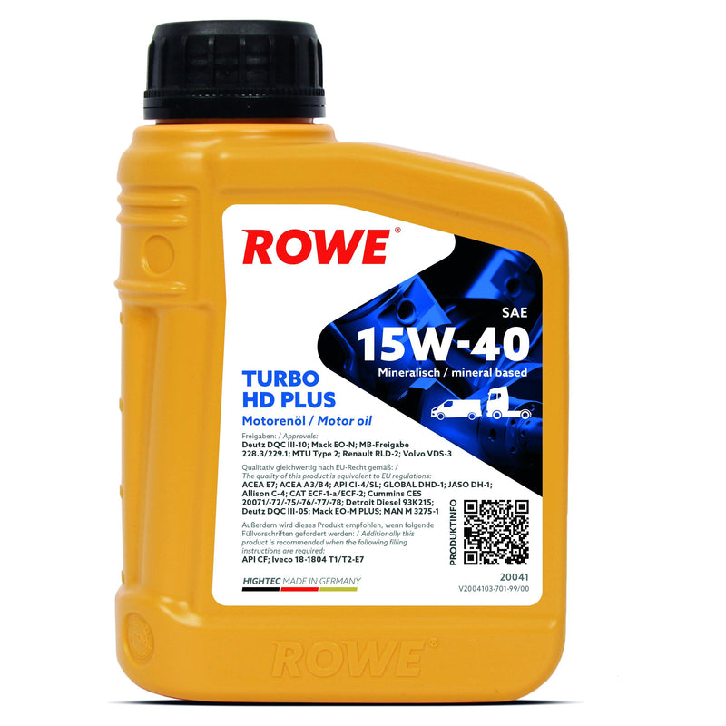 ROWE Motor Oil - Hightec Turbo HD SAE 15W-40 PLUS - Enterprise Africa International - HIGHTEC TURBO HD SAE 15W-40 PLUS is a Super High Performance Diesel (SHPD) engine oil. Its exceptionally wide range of applications is reflected in the interaction of selected base oils with advanced additives. Developed specifically for mixed fleets with petrol and diesel engines from different manufacturers in passenger cars, heavy-goods vehicles, work machines and agricultural machinery.