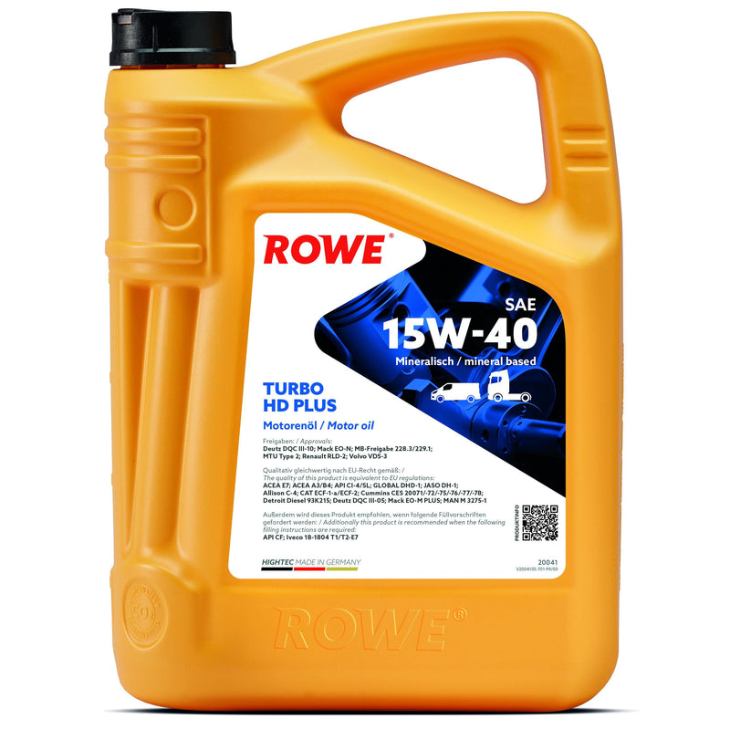 ROWE Motor Oil - Hightec Turbo HD SAE 15W-40 PLUS - Enterprise Africa International - HIGHTEC TURBO HD SAE 15W-40 PLUS is a Super High Performance Diesel (SHPD) engine oil. Its exceptionally wide range of applications is reflected in the interaction of selected base oils with advanced additives. Developed specifically for mixed fleets with petrol and diesel engines from different manufacturers in passenger cars, heavy-goods vehicles, work machines and agricultural machinery.