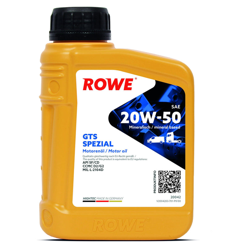 ROWE Motor Oil - Hightec GTS Spezial SAE 20W-50 - Enterprise Africa International - HIGHTEC GTS SPEZIAL SAE 20W-50 is a mineral-based, multigrade engine oil produced using selected base oils of SAE grade 20W-50. Ideally suitable for Otto and diesel engines, with or without turbocharging. 
