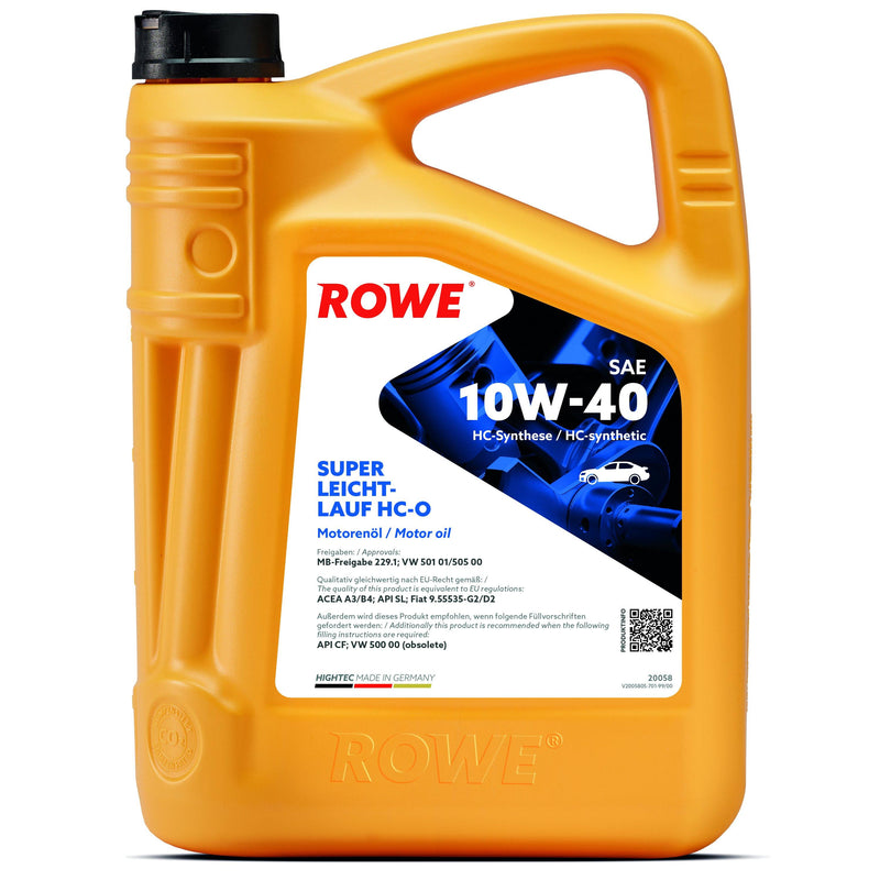 ROWE Motor Oil - Hightec Super Leichtlauf HC-O SAE 10W-40 - Enterprise Africa International -  HIGHTEC SUPER LEICHTLAUF HC-O SAE 10W-40 is a high-performance engine oil of SAE grade 10W-40 produced using HC synthetic oil. Its high level of performance is achieved through the interaction of selected base oils and advanced additives. Eminently suited to car petrol and diesel engines, with or without turbocharging.