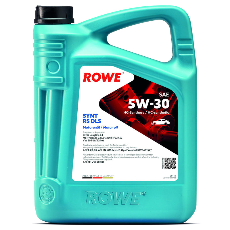 ROWE Motor Oil - Hightec SYNT RS DLS SAE 5W-30 - Enterprise Africa International -  HIGHTEC SYNT RS DLS SAE 5W-30 is a specially developed engine oil based on selected HC synthetic technology with premium, multi-grade, low-viscosity engine oils for modern passenger car Otto and diesel engines with exhaust after-treatment (diesel particulate filters) and turbocharging, including a soot particle filter. This premium product is perfectly suited as a rationalisation oil according to manufacturer specifications.