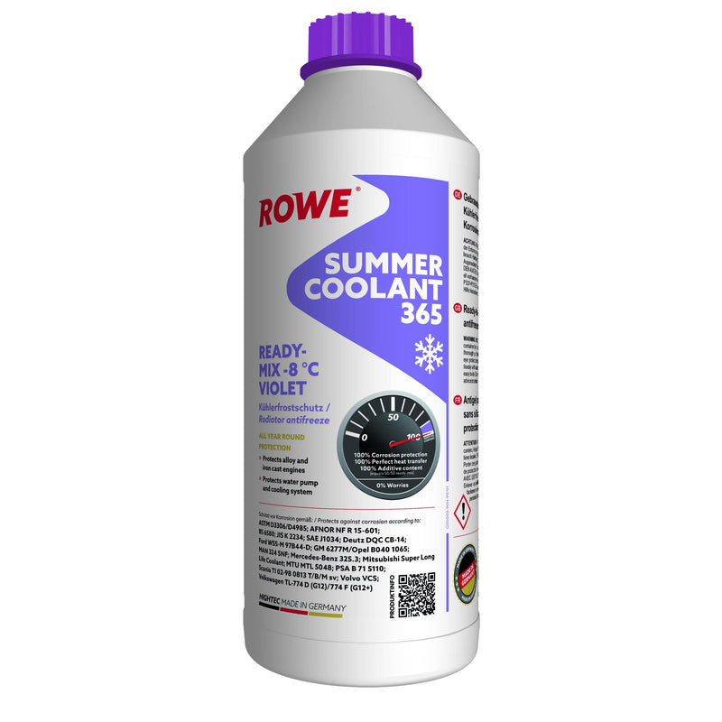 ROWE Summer Coolant - Hightec Summer Coolant 365 Ready-Mix -8℃, 1,5 litres - Enterprise Africa International HIGHTEC SUMMER COOLANT 365 READY-MIX -8 °C is an advanced, long-lasting radiator antifreeze pre-mixed formulation based on monoethylene glycol. It is free of nitrite, amine, phosphate and offers reliable protection to aluminium and cast iron engines. This product is available in two different variants: Violet and Blue.