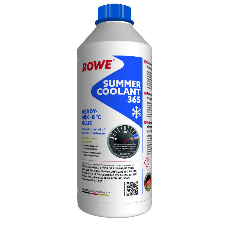 ROWE Summer Coolant - Hightec Summer Coolant 365 Ready-Mix -8℃, 1,5 litres - Enterprise Africa International - HIGHTEC SUMMER COOLANT 365 READY-MIX -8 °C is an advanced, long-lasting radiator antifreeze pre-mixed formulation based on monoethylene glycol. It is free of nitrite, amine, phosphate and offers reliable protection to aluminium and cast iron engines. This product is available in two different variants: Violet and Blue.