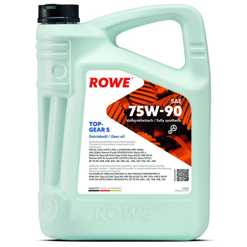 ROWE Gear Oil - Hightec Topgear SAE 75W-90 S - Enterprise Africa International - Fully synthetic, multigrade gearbox oil of performance rating API GL-4/5 for multi-functional use in axle gears and manual gearboxes in passenger cars, heavy-goods vehicles, agricultural and construction machinery and work machines. Optimum wear protection, which guarantees easy gear changing at low temperatures and saves fuel.